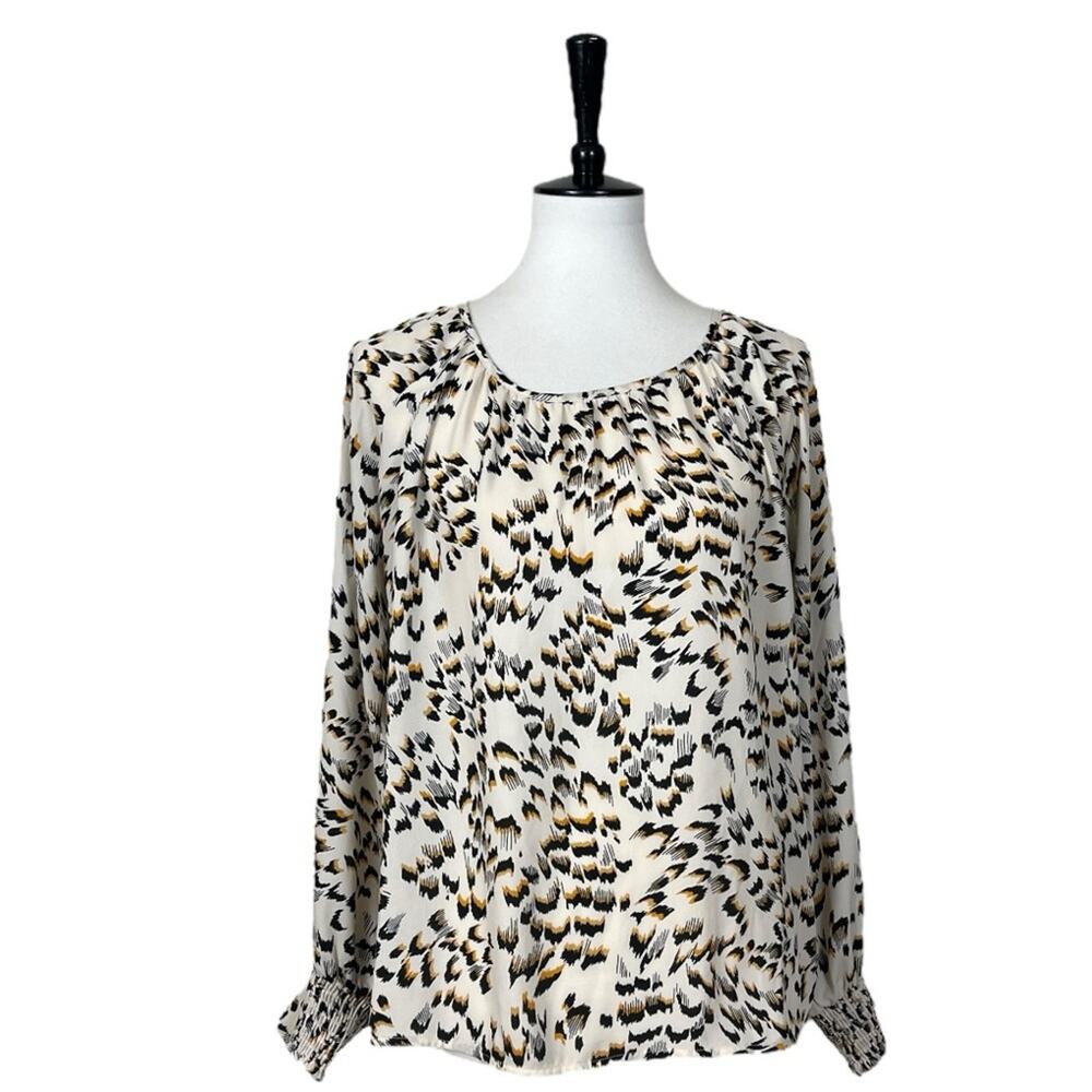 Cabi Blouse #4335 Leopard Safari Top Pleat Neck Long Sleeve Women’s Size Small